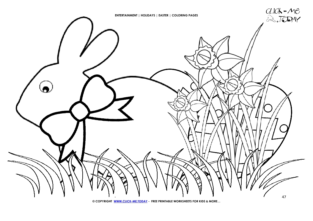 Easter Coloring Page: 47 Easter bunnie with bow and eggs